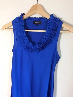 Ladies Blue Longline Satin Style Blue Sleeveless Top With Ruffle Neckline Size S • £4.50