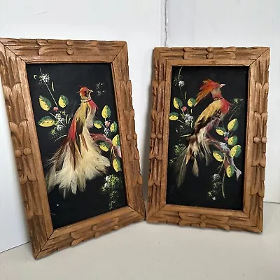 Set Vintage Mexican Feathercraft Bird Picture Hand Carved Wood Frame 8.25 By 5” • $18.70