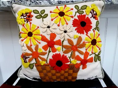 Vintage Hand Embroidered  Throw Pillow 1970s Boho Flower Power Hippie Daisies • $49.99