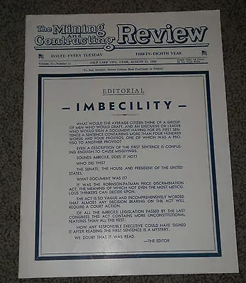 THE MINING AND CONTRACTING REVIEW Aug 11 1936 UTAH Vol 38 # 32 SLC UTAH • $14.95