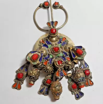 VINTAGE Sterling Silver Moroccan TRIBAL Enamel Dangle BROOCH • $315