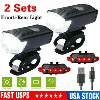 $8.99 • Buy 2 Sets USB Rechargeable LED Bicycle Headlight Bike Front Rear Lamp Cycling