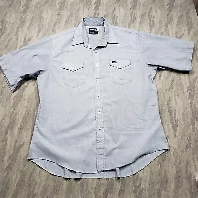 Vintage Wrangler Shirt Mens 17 1/2 Blue Short Sleeve Snap Western Chambray  • $22.49