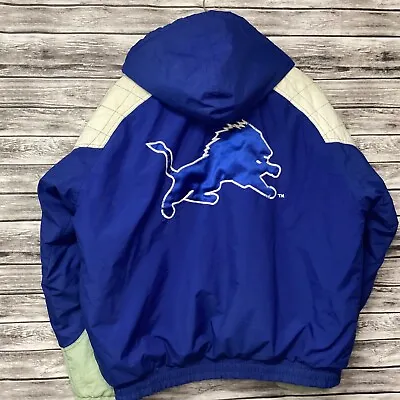 Vintage Detroit Lions Puffer Jacket Mens Large Blue STARTER NFL Football 90s • $200