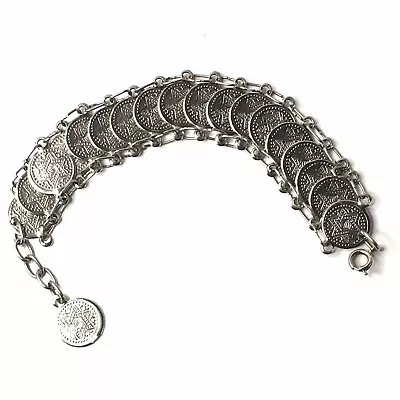 Vintage Jewish Star Of David Menorah 2 Sided Silvertone EUC Coin Link Bracelet • $14.58