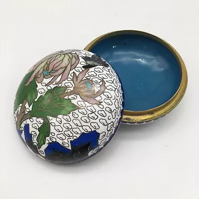 Vintage Cloisonne Chrysanthemum And Bird Enamel Round Brass Trinket Box • $15