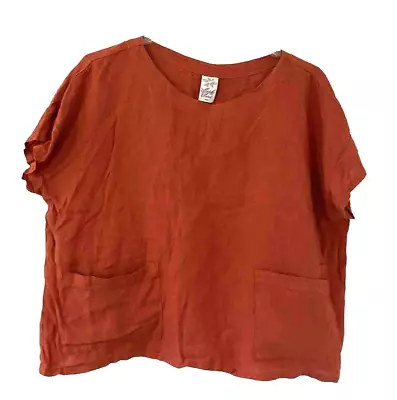 Match Point Womens Linen Top Boxy Oversized Size M USA Pockets Orange/rust • $22.71