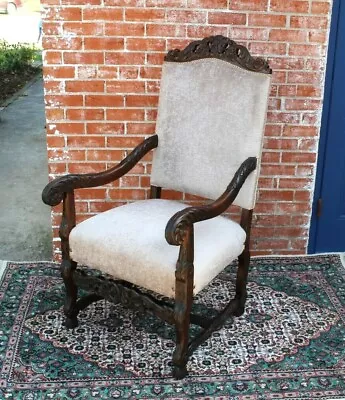 French Antique Upholstered Renaissance Carved Oak Armchair - White Gray • $1450