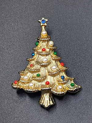 Vintage Gold Tone Rhinestone Enamel & Faux Pearl Christmas Tree Brooch Pin • $11.90