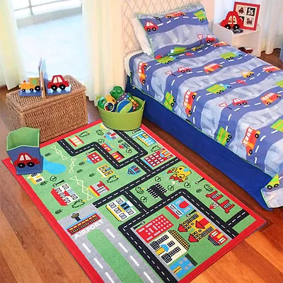 Kids Floor Green Rug City Car Road Design Mat Carpet Child Bedroom Play Mat Home • £19.82