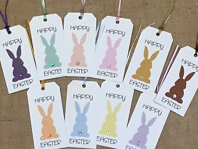 10 Large White Mixed Embellished Tails Happy Easter Bunny Gift Tag Labels + Ties • £2.45