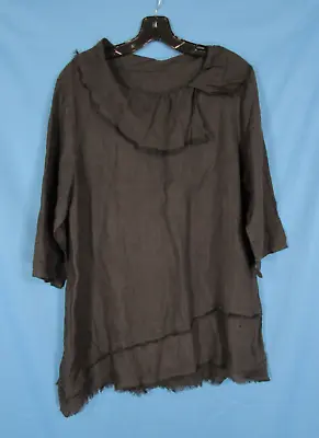 MATCH POINT Black LIGHTWEIGHT LINEN Raw Trim LAGENLOOK BLOUSE/TUNIC TOP Sz M • $28