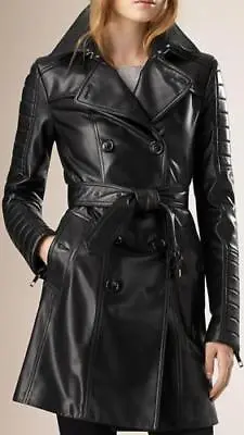 Womens Ladies Mac Black Leather Coat Vintage Belted Long Leather Overcoat • $108.94