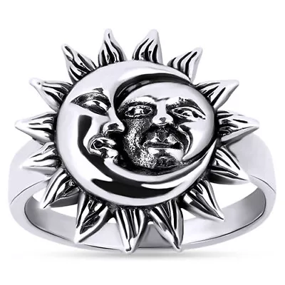 Crescent Celestial Sun & Moon Ring In 14K White Gold Plated Sterling Silver • $64.34