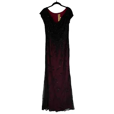 Naeem Khan Floor Length Cowl Neck Beaded Mesh Overlay Cap Sleeve Gown Size 10 • $450