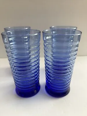 Libbey Cobalt Blue Tumblers Ribbed Glasses 6 3/8” Set Of 4 • $34