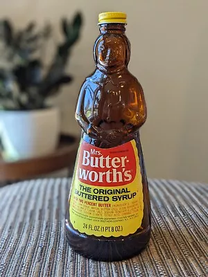 Mrs. Butterworth's Syrup Bottle Vintage Amber Glass Original 24 Oz W/ Metal Lid • $41