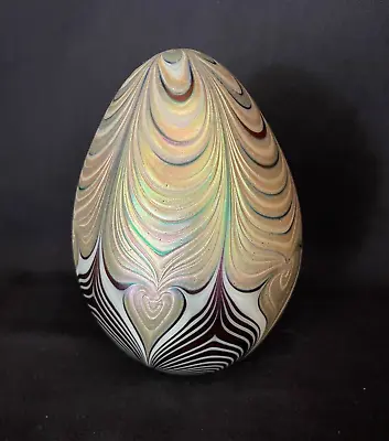 RARE LARGE Vandermark Art Glass Egg Paperweight Pulled Feather Iridescent 1976 • $125