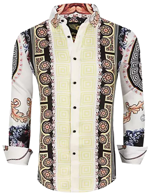 Mens PREMIERE Long Sleeve Button Down Dress Shirt SILKY WHITE GOLD LEAF 643N • $24.99