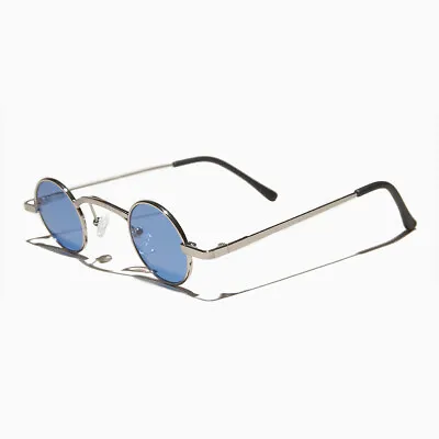 Round Victorian Goth Edwardian Spectacle Sunglass Silver / Blue Lens - Watson • $38