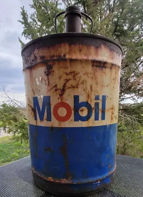 Vintage Mobil 5 Five Gallon Oil Drum W/ Small Pegasus Decor Gas Great Patina • $65