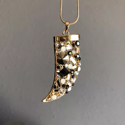 Rhinestones Horn Tusk Gold Tone Pendant 22” Necklace Fashion Jewelry • $9.99