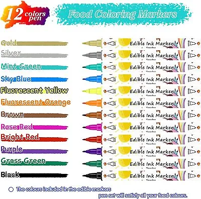 Edible Food Colouring Pens 12PcsDual Sided Food Grade Icing Pens & Edible Marke • £10.57