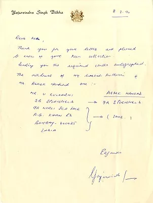 £15 • Buy Yajurvindra Singh - India Test Cricketer - Signed Handwritten Letter.