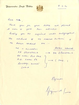 £15 • Buy Yajurvindra Singh - India Test Cricketer - Signed Handwritten Letter.