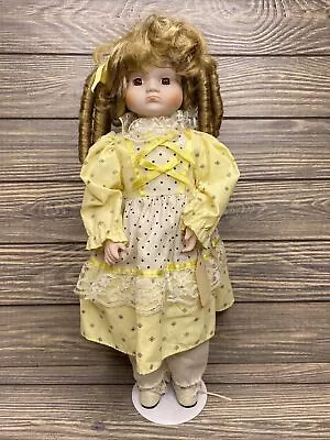 Vintage Heritage Mint Porcelain Doll 16” Amanda Yellow Dress Blonde Curly Hair • $14.99