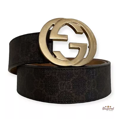 Auth Gucci Brown Bronze GG Canvas Leather Gold Interlocking G Buckle Belt 85/34 • $335