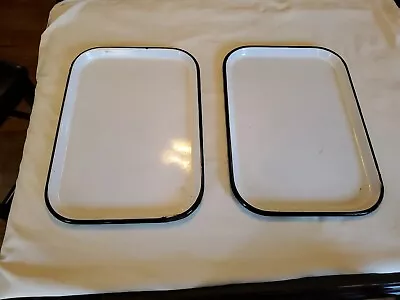 TWO Vintage White Porcelain Enamel Medical Dental Trays 10-1/2  X 15  Black Trim • $50