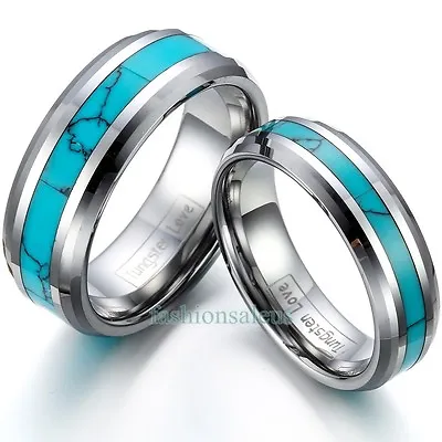 8mm/6mm Tungsten Rings W/ Synthetic Turquoise Inlaid Men's Women's Wedding Band • $13.99