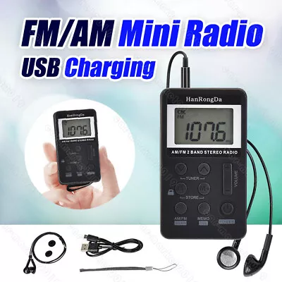 Mini Digital Portable Pocket Handy LCD AM FM Radio Rechargeable With Earphone • $12.90