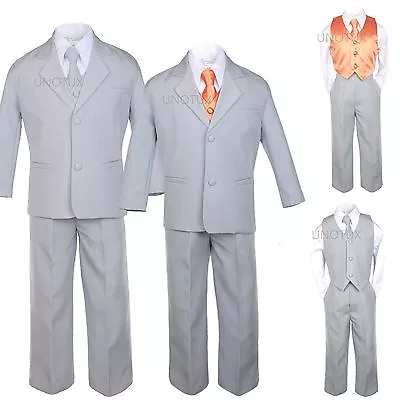 $63.97 • Buy 7 PC Vest Tie + Baby Toddler Teen Formal Wedding Party Tuxedo Gray Boy Suit S-20