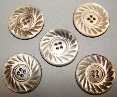 Five Antique Mother Of Pearl Abalone Shell Carved Buttons Just Under 1 1/2  • $35