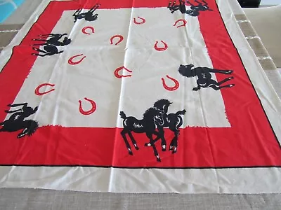 Vintage Western  Black Pony Printed Cotton Square Tablecloth Size 35   • $27