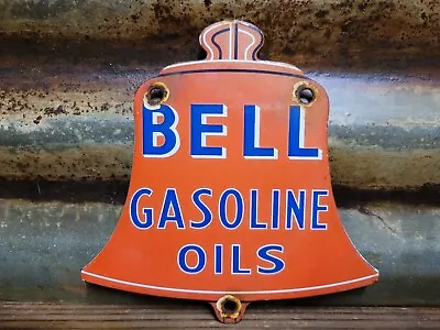 Vintage Bell Porcelain Sign Gasoline Oil Gas Station Service Pump Plate Diecut • $159.76