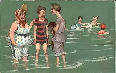 Bathing Beauty Litho Dachshund Dog Fat Woman Skinny Boy Comic C1910 PC • $14.79