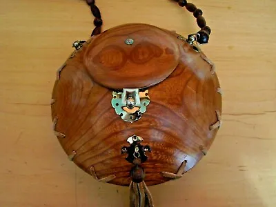 Vintage Handmade Round Wooden Purse Handbag Leather Trim Lined Mirror OOAK • $70.97
