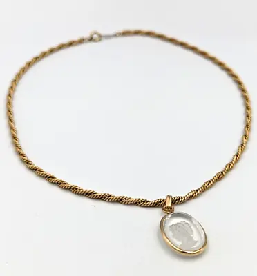 12K Gold Filled Fancy Twist Chain Clear Glass Intaglio Pendant Vintage 14  • $60