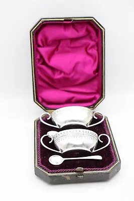Antique Sterling Silver Matched Pair Of Salt Dishes & Spoons Hallmarked 1892 • £79