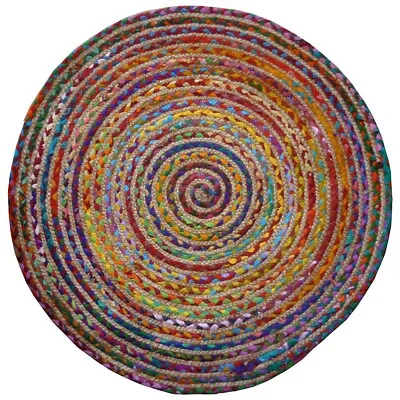 Round Multi Colour Cotton Jute Braided Rag Rug Recycled Materials  Fair Trade • £18.99