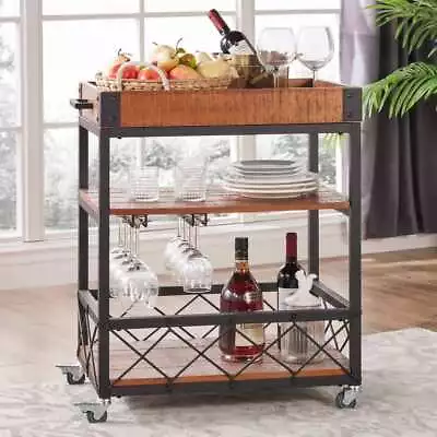 Serving Cart With Removable Tray Top Bar Cart Tea Trolly Natural Brown Finish • $359.77