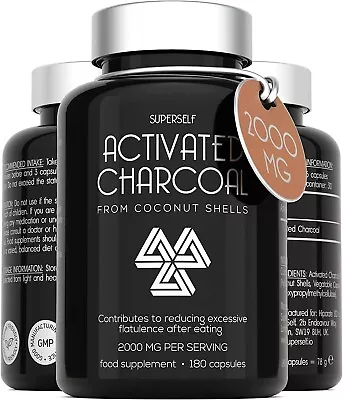 Activated Charcoal Tablets 2000mg - 180 Capsules - Detox Reduce Flatulence & Gas • £17.90