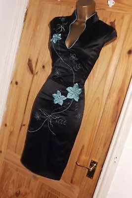 £25 • Buy Jane Norman Black Turquoise Satin Oriental Pencil Wiggle Party Dress Size 10 12