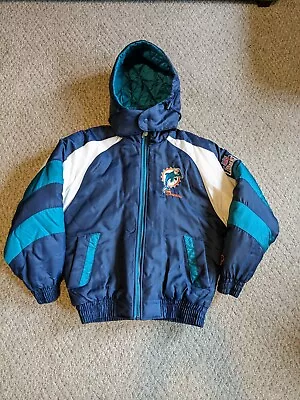 Miami Dolphins 1990s Vintage Puffy Pro Player Jacket With Removable Hood Sz S • $59.99