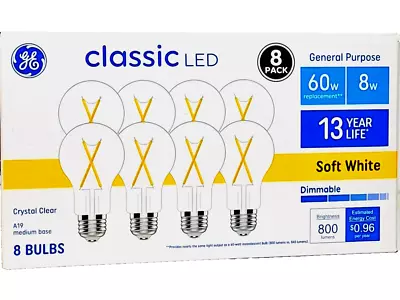 GE 60-Watt A19 Soft White LED Clear Glass Light Bulbs 800 Lumens (8 Pack) ~ NEW • $17.94