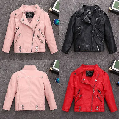 Girls Kids Boys Baby Jackets Coat Leather Zipper Motorcycle Cool Biker Outerwear • £25.25