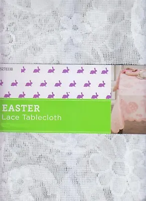 White Lace Tablecloth Easter Egg & Flowers 60 X 84 Rectangle Scalloped Edges • $12